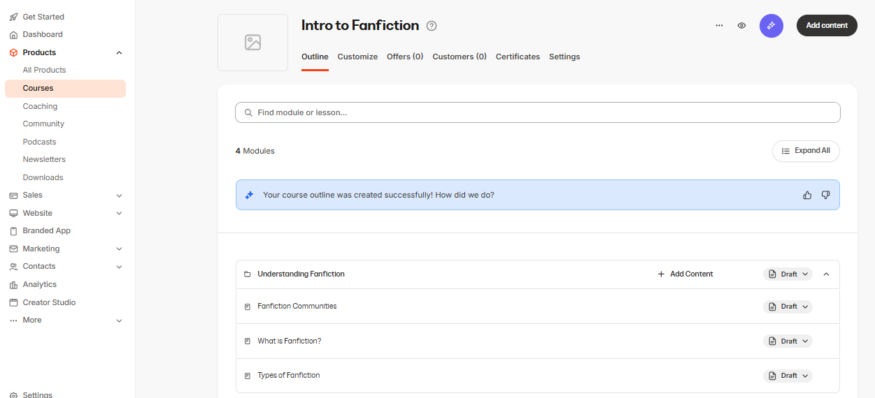 Kajabi's dashboard with the courses section highlighted